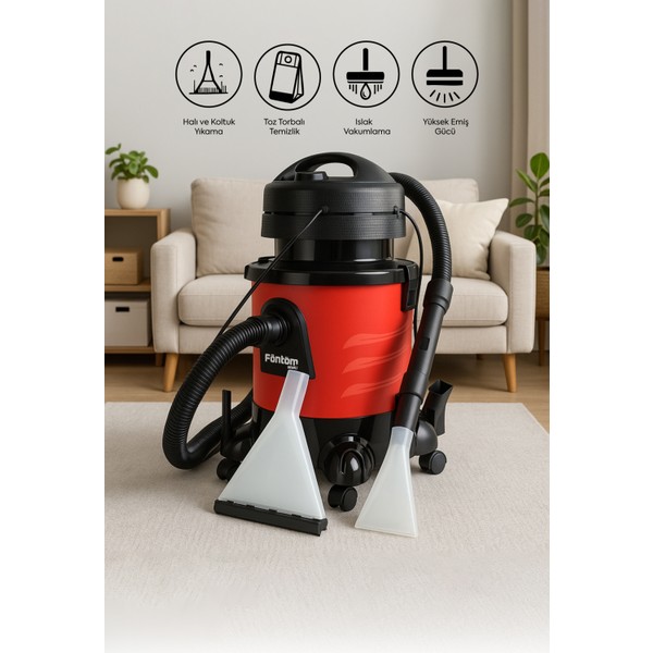Fantom Cc 9000 Halı Yıkama Robotu 2400W Güçlü Motor İle Kırmızı Dikey Kullanım