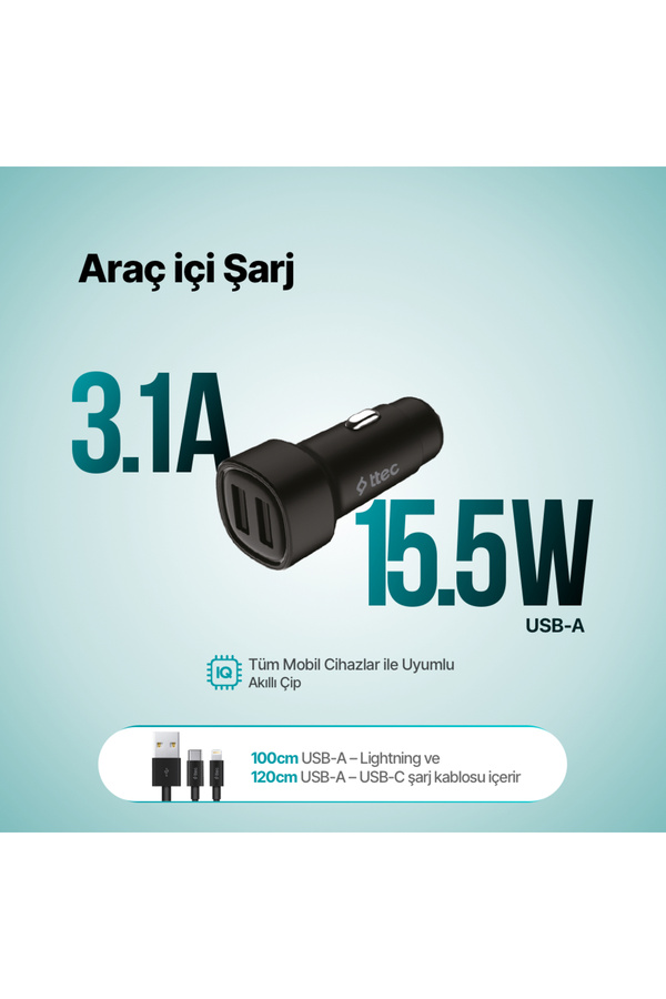 Ttec Smartcharger Duo 3.1A Araç Şarj Aleti Çift Usb + Usb-C Ve Lightning Kablo