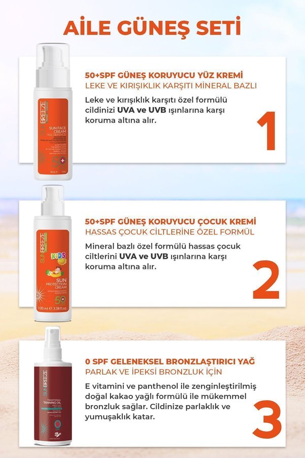 Sun Breeze 3 Lü Aile Güneş Seti 50+Spf Yüz Güneş Kremi , 50+Spf Çoçuk Güneş Kremi 0 Spf Bronzlaştırıcı Yağ