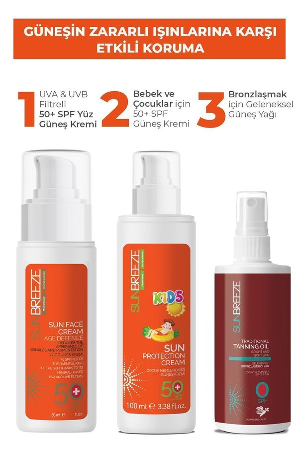 Sun Breeze 3 Lü Aile Güneş Seti 50+Spf Yüz Güneş Kremi , 50+Spf Çoçuk Güneş Kremi 0 Spf Bronzlaştırıcı Yağ