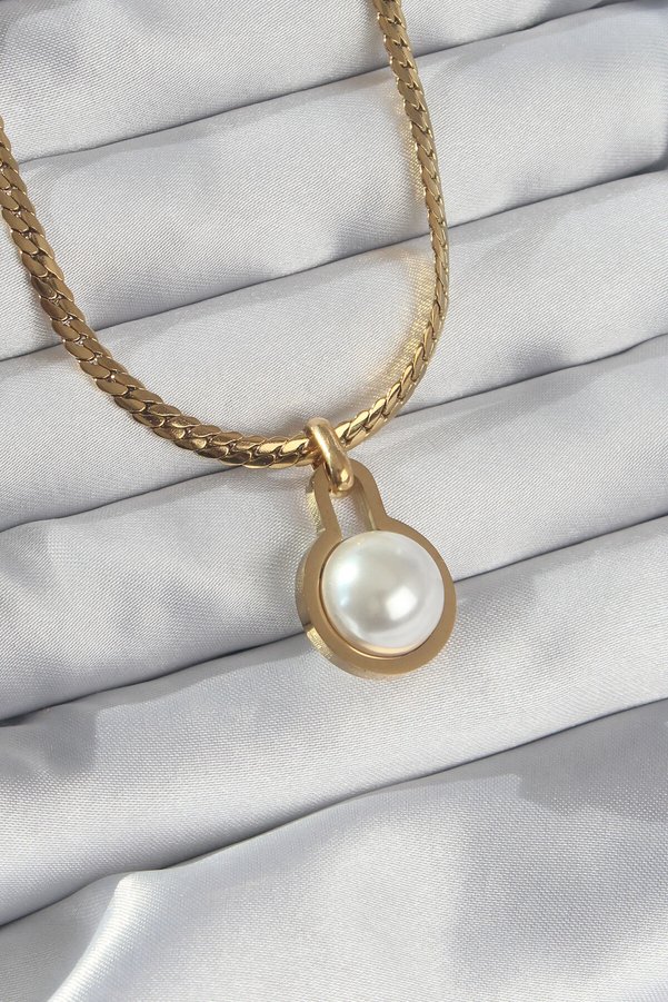 Evimdeyokyok 316L Çelik Gold Renk Yassı Zincir İnci Taşlı Kolye Tj-Bko8903