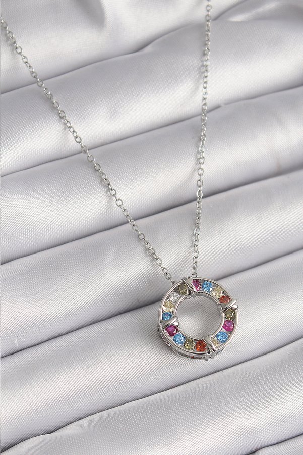 Evimdeyokyok 316L Çelik Gümüş Renk Zincir Renkli Zirkon Taşlı Xoxo Model Kadın Kolye Tj-Bko9629