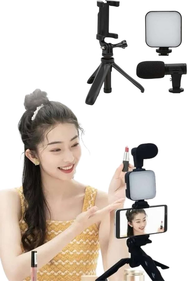 Ucuztekno Tripod Telefon Tutucu Kumandalı Mikrofon Led Işık Vlog Video Kayıt