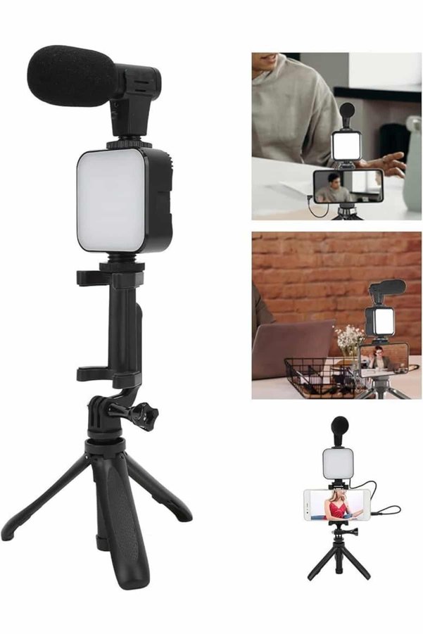 Ucuztekno Tripod Telefon Tutucu Kumandalı Mikrofon Led Işık Vlog Video Kayıt