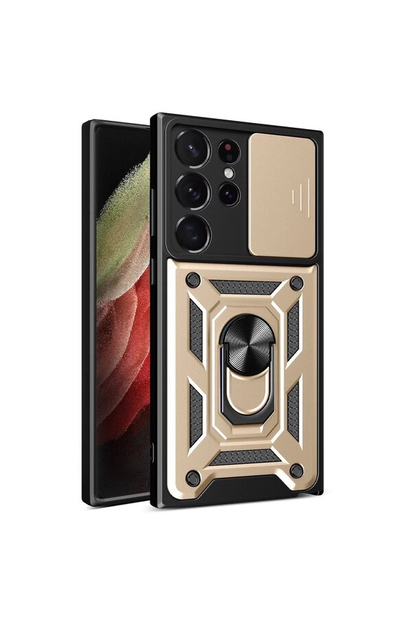 CepteToptan Samsung Galaxy S23 Ultra Kılıf Pars Lens Yüzüklü Silikon - Gold - DROPX7394-4646