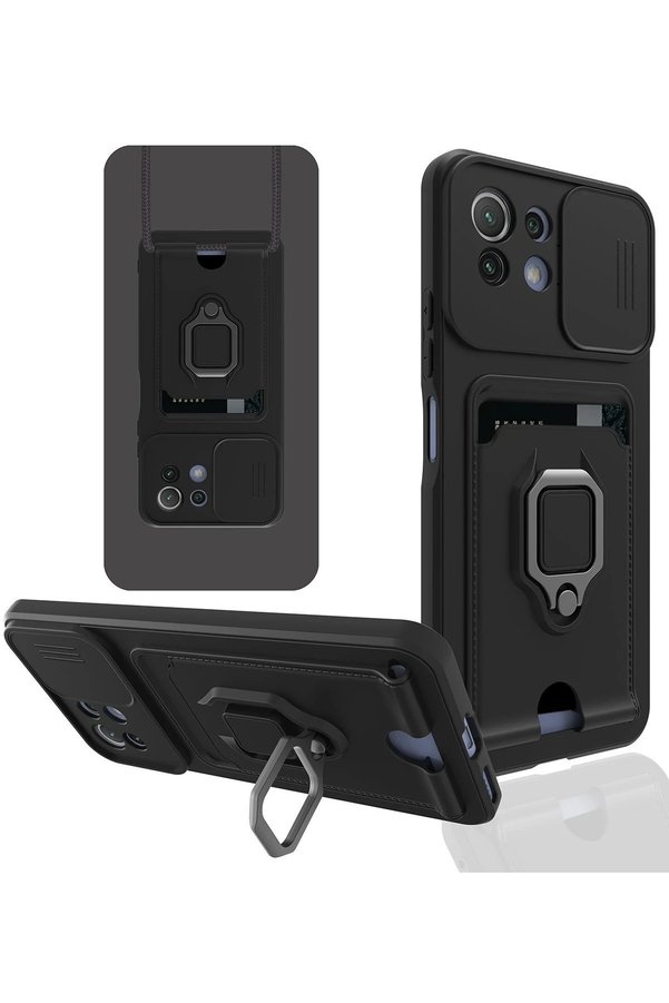 CepteToptan Xiaomi Mİ 11 Lite Kılıf Zuma Kartvizitli Yüzüklü Silikon - Siyah - DROPX1820-8197
