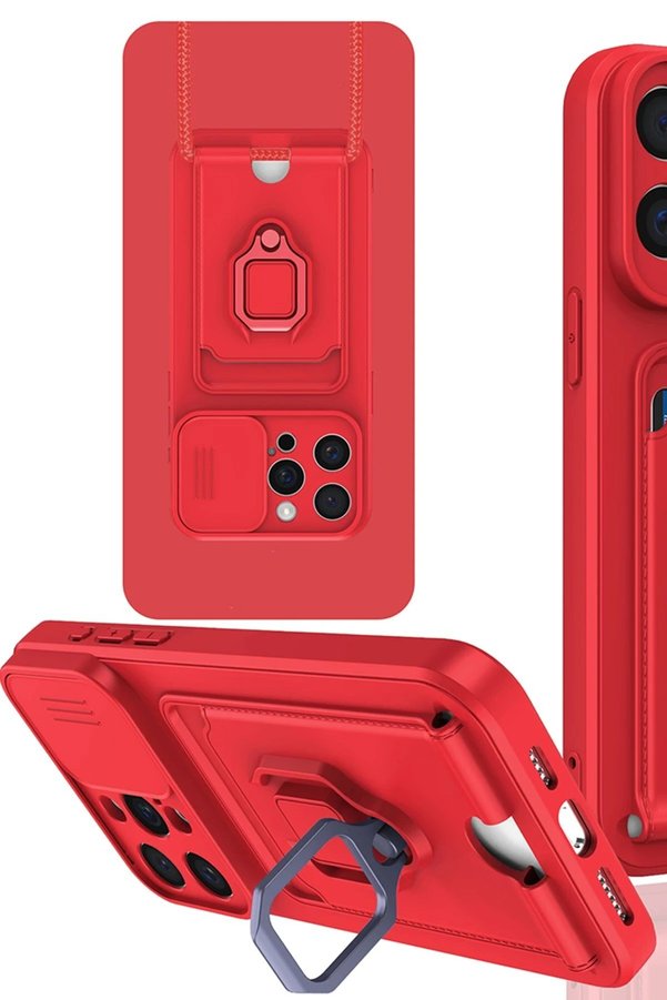 CepteToptan iPhone 15 Pro Max Kılıf Zuma Kartvizitli Yüzüklü Silikon - Kırmızı - DROPX1126-5793