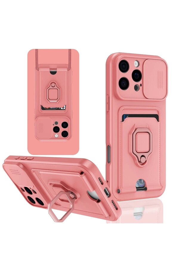 CepteToptan iPhone 16 Pro Kılıf Zuma Kartvizitli Yüzüklü Silikon - Pembe - DROPX7120-2977