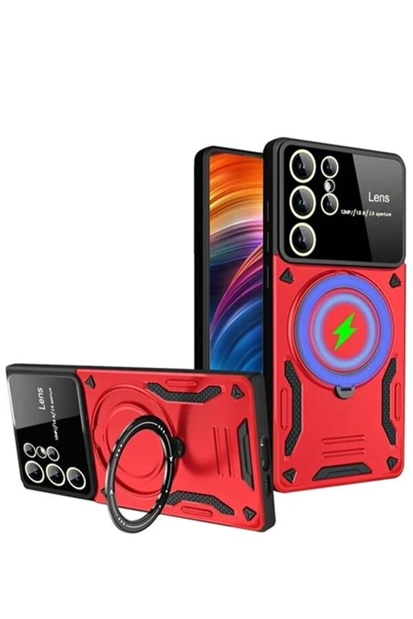 CepteToptan Samsung Galaxy S24 Ultra Kılıf Joy Lens Standlı Kapak - Kırmızı - DROPX2395-9717
