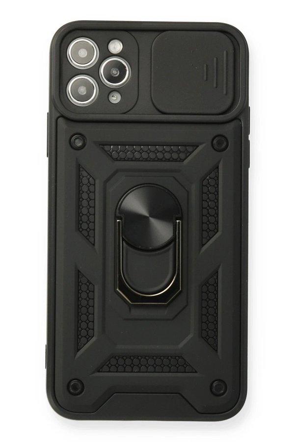 CepteToptan iPhone 11 Pro Max Kılıf Pars Lens Yüzüklü Silikon - Siyah - DROPX2454-3927