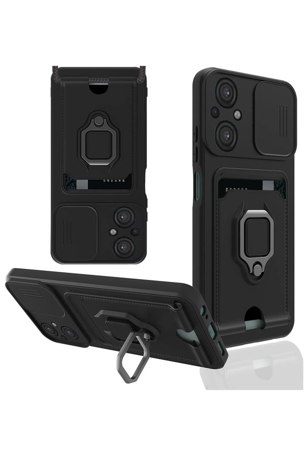 CepteToptan Xiaomi Poco M5 Kılıf Zuma Kartvizitli Yüzüklü Silikon - Siyah - DROPX6862-1591