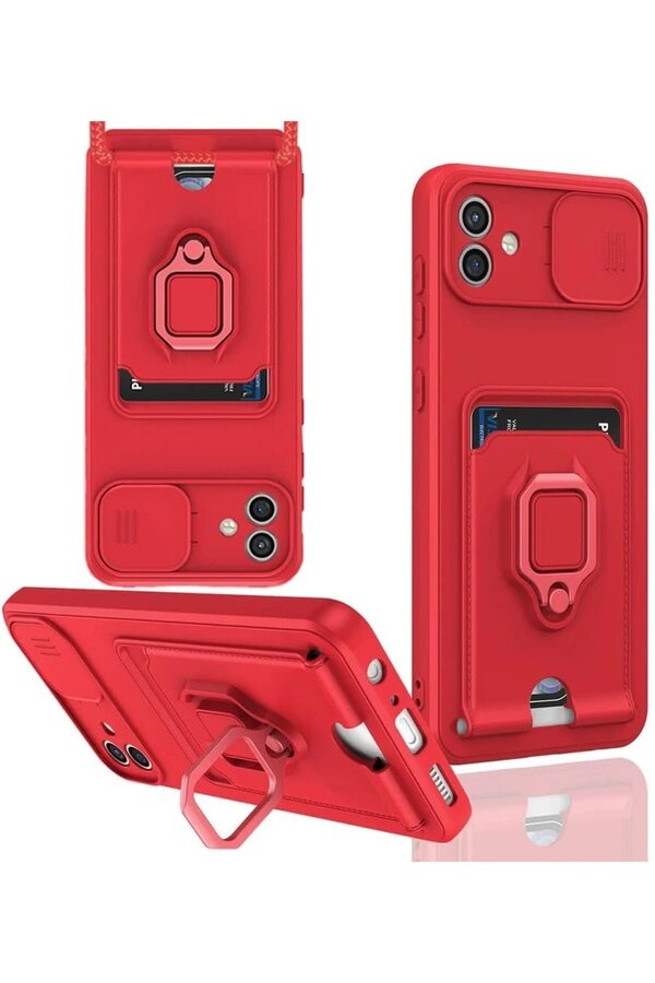 CepteToptan Samsung Galaxy A06 Kılıf Zuma Kartvizitli Yüzüklü Silikon - Kırmızı - DROPX3245-1393