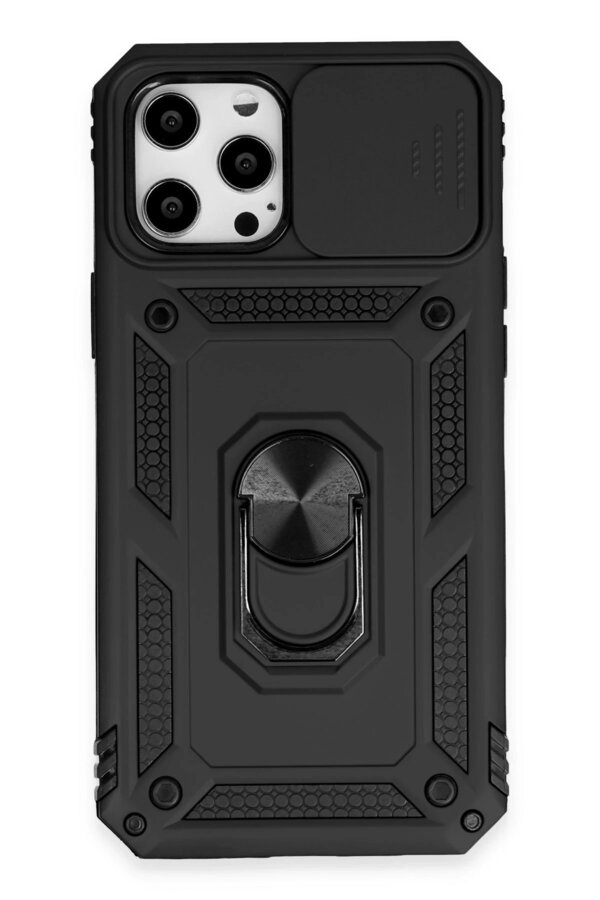 CepteToptan iPhone 12 Pro Max Kılıf Pars Lens Yüzüklü Silikon - Siyah - DROPX2975-2846