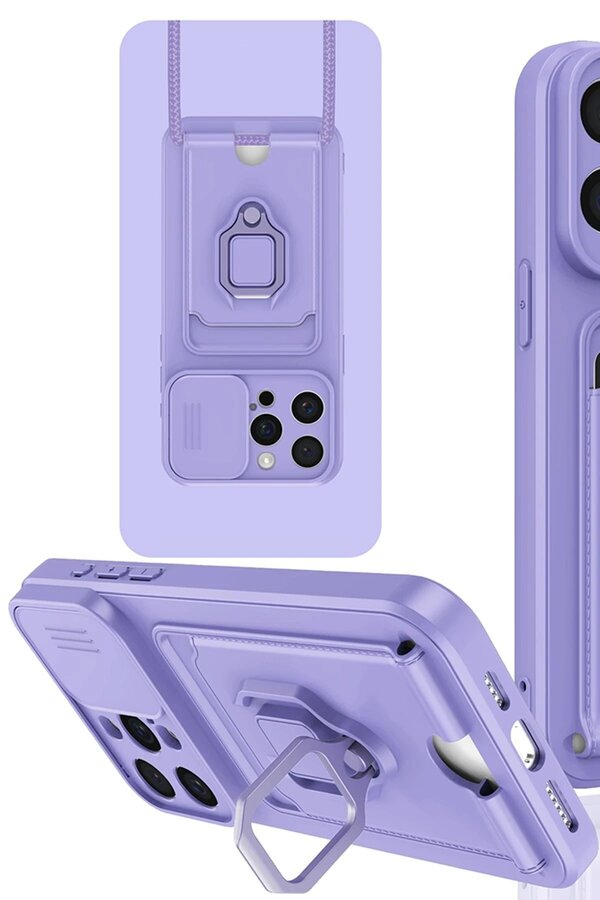 CepteToptan iPhone 15 Pro Kılıf Zuma Kartvizitli Yüzüklü Silikon - Lila - DROPX8408-4893