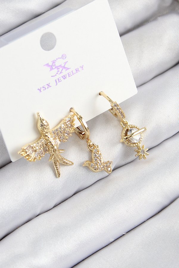 Evimdeyokyok Pirinç Zirkon Taşlı 3 Lü Kuş Model Gold Renk Kadın Küpe Tj-Bkp11133