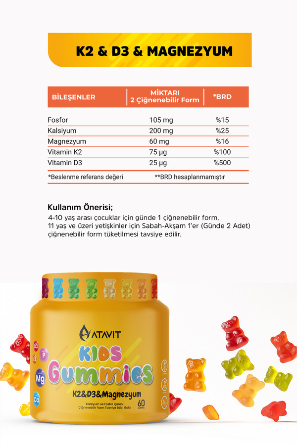Atavit Omega 3, D3 K2 , Magnezyum Multivitamin Süper 3 Lü Gummıes Kids