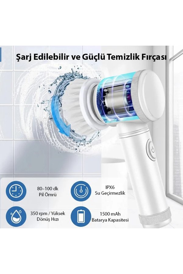 Ezere Ally Magic Brush 5İn1 Fırça Başlıklı Şarjlı Temizleme Fırçası Banyo/Fayans - Karbul5974-8