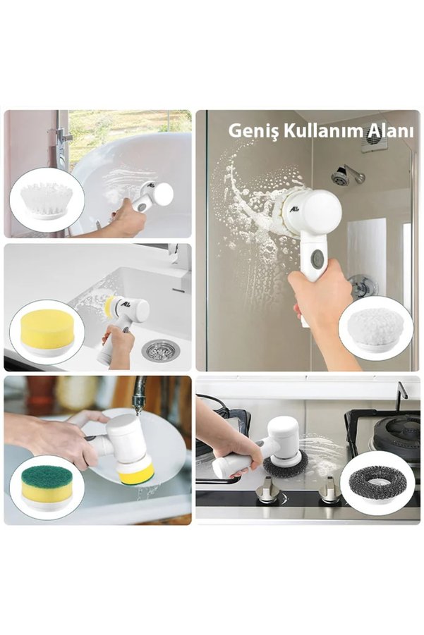 Ezere Ally Magic Brush 5İn1 Fırça Başlıklı Şarjlı Temizleme Fırçası Banyo/Fayans - Karbul5974-8