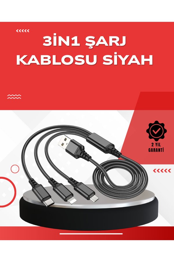 Ethab Giyim Dayanıklı Metal Başlıklı 3’Ü 1 Arada Şarj Kablosu – Tüm Cihazlarla Uyuml - Glst2461-310