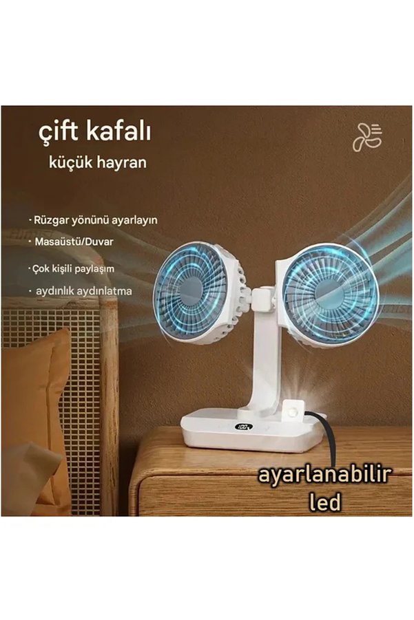 Evimdeyokyok Masaüstü Dijital Ekranlı Çift Fanlı Led Işıklı Soğutucu Fan Ev Ofis Şarjlı Vantilatör