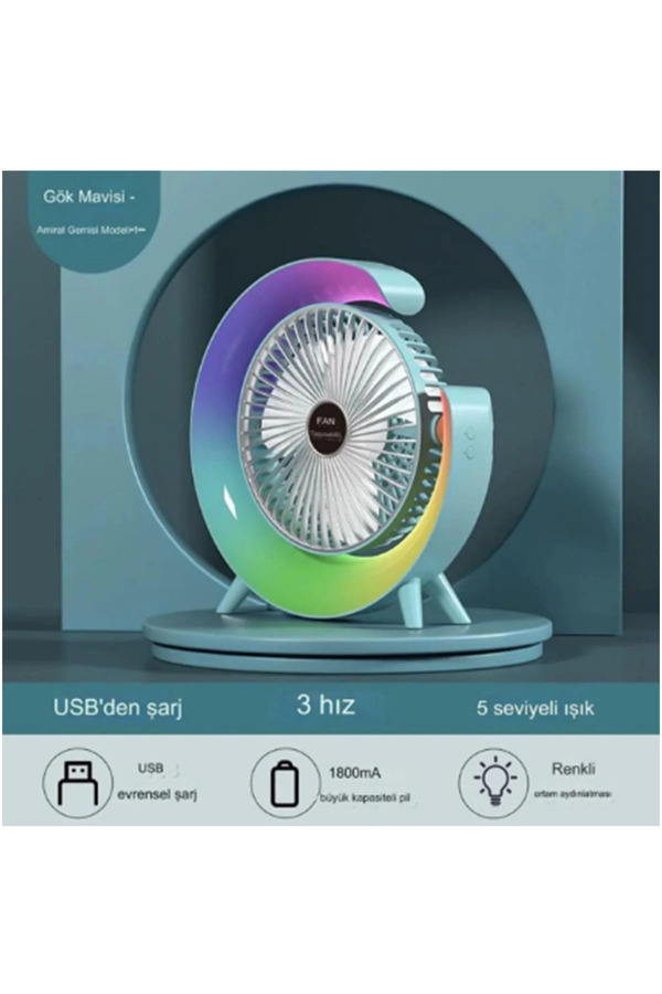 Evimdeyokyok Masaüstü Vantilatör Usb Şarjlı Rgb Led Işıklı 3 Kademeli 180° Ayarlanabilir Soğutucu Fan Mavi