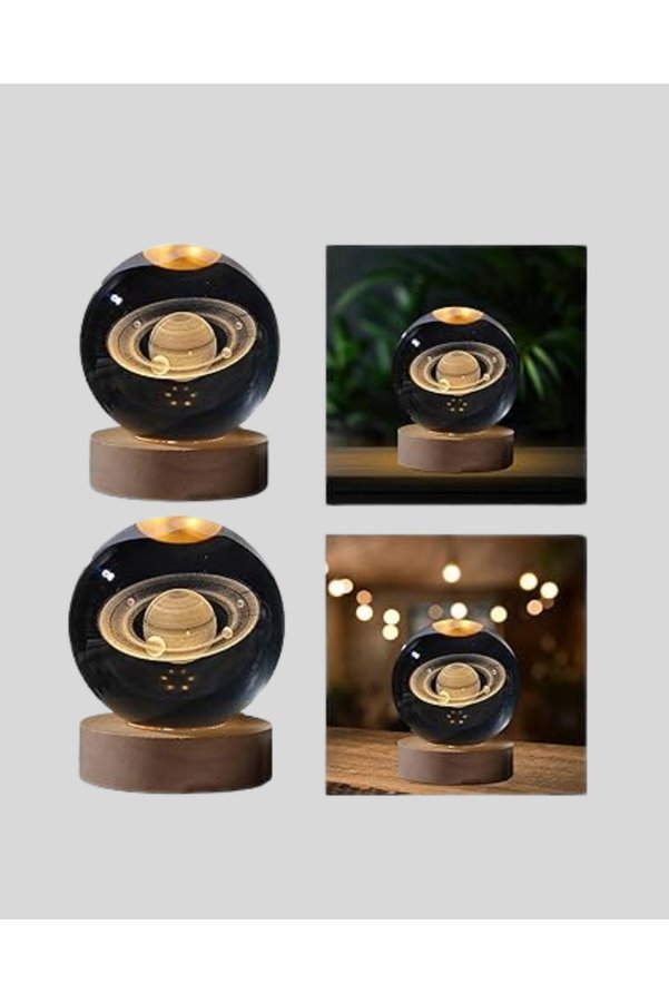 Home Satürn Gezegenli Kristal Küre Led Lamba Usb’li Ahşap Standlı