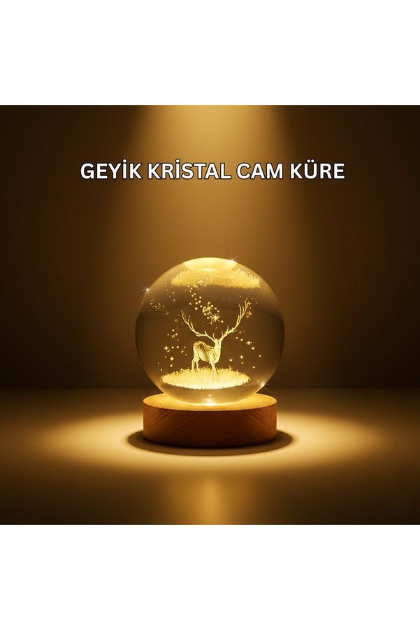 Home Usb Bağlantılı Geyik Temalı Kristal Küre Premium Masa Gece Lambası