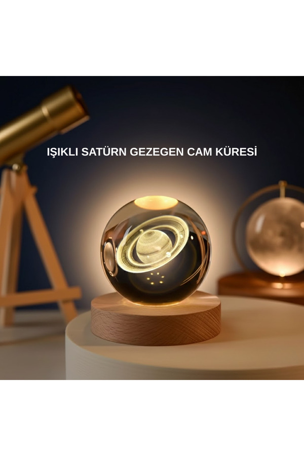 Home Satürn Gezegenli Kristal Küre Led Lamba Usb’li Ahşap Standlı