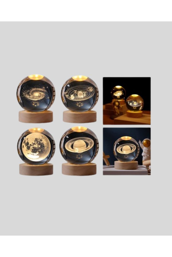 Home Satürn Gezegenli Kristal Küre Led Lamba Usb’li Ahşap Standlı