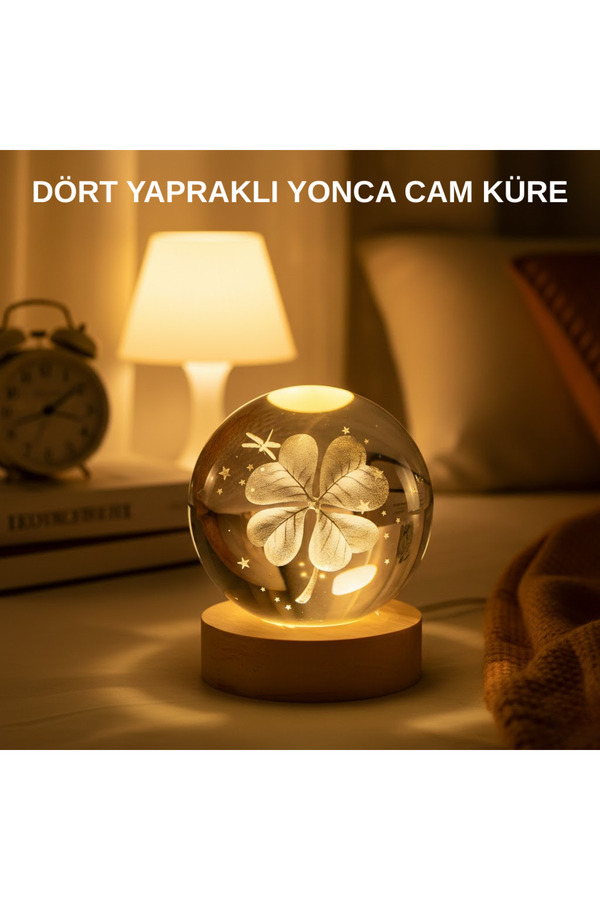 Home Usb Bağlantılı Yonca Bitkili Cam Küre Ahşap Altlıklı Dekoratif Lamba