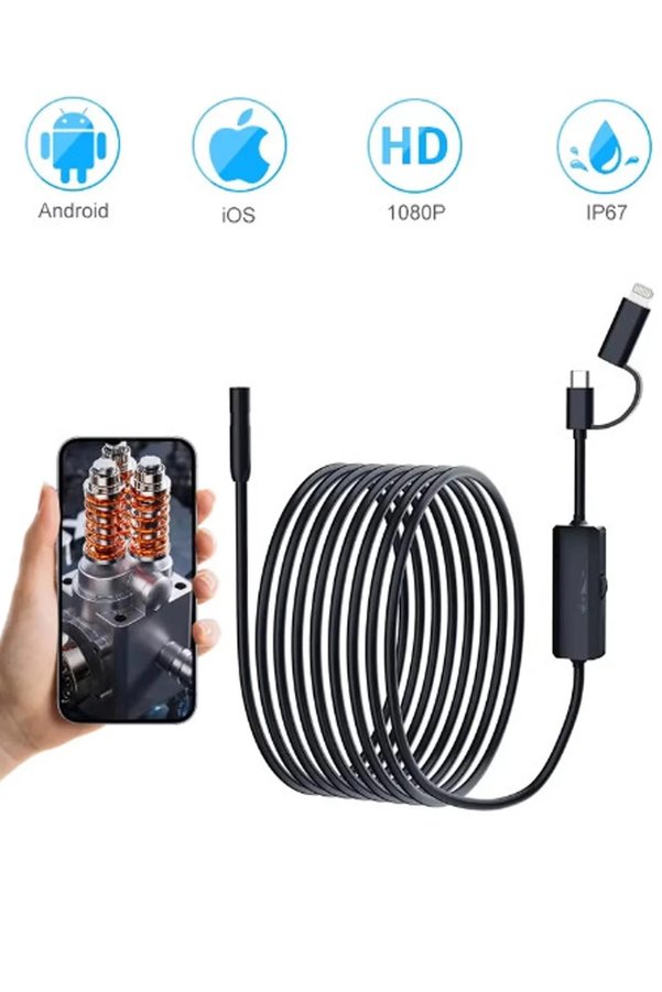 Evimdeyokyok Endoskop Yılan Video Kamera Ios Ve Android Uyumlu Led’li 10 Metre 8 Mm Sert Kablo 2Mp