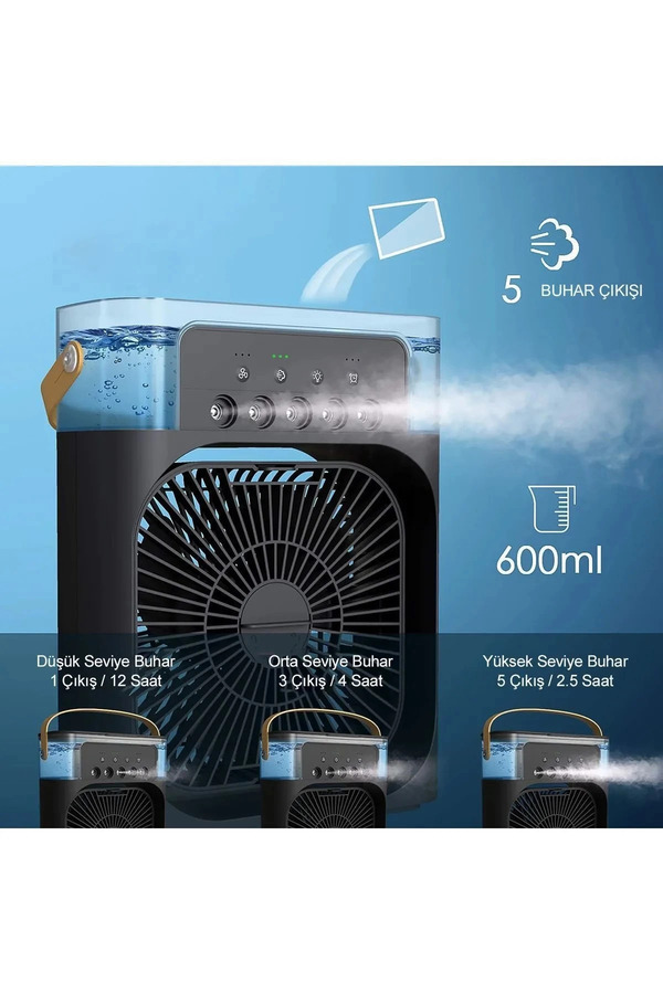 Evimdeyokyok Taşınabilir Işıklı 5 Spreyli Vantilatör Buzlu Buharlı Vantilatör Mini Fan Nemlendirici