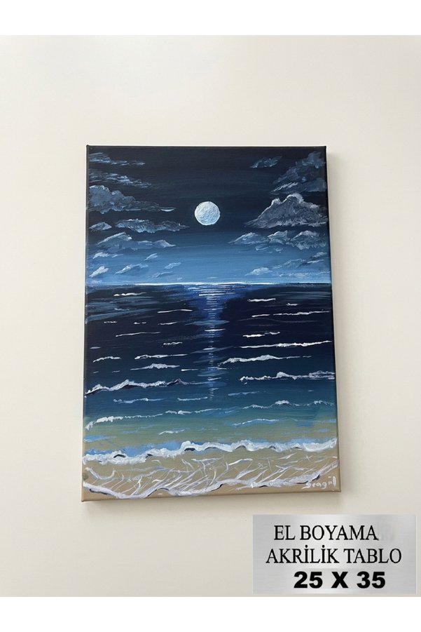 Nobrent El Boyaması Akrilik Tablo -Gece Ve Deniz Manzaralı Modern Sanat (25-35 Cm)