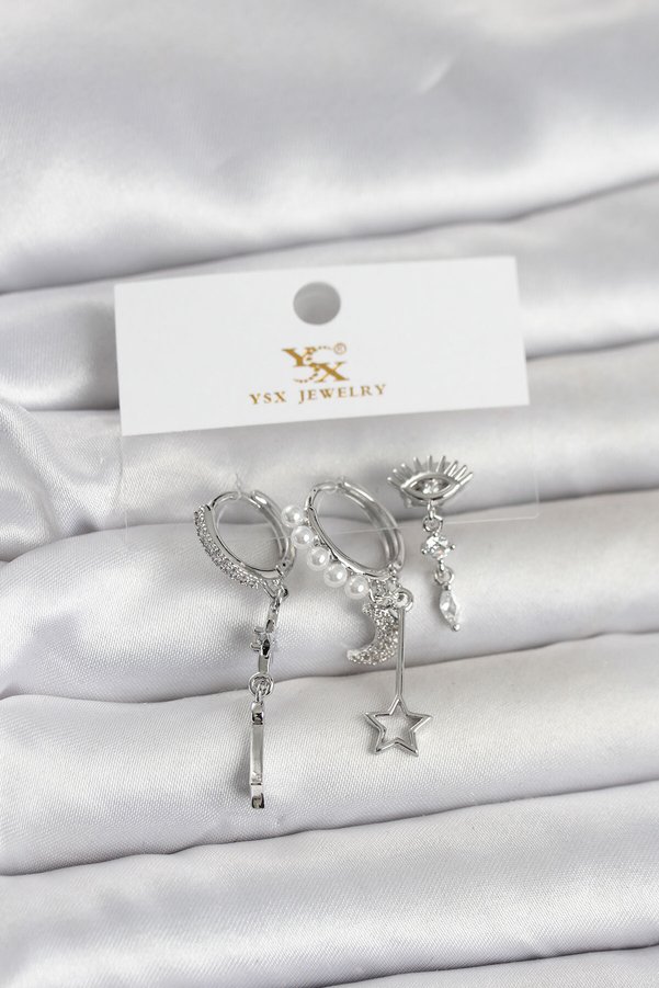 Evimdeyokyok Pirinç Gümüş Renk Zirkon Taşlı Gece Temalı 3 Lü Kadın Küpe Tj-Bkp11704