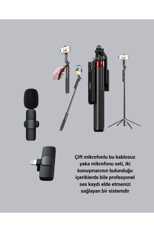Geneloem Vlog Ve Canlı Yayın İçin Çift Yaka Mikrofonu Ve Tripodlu Selfie Çubuğu Seti - Korbx9688-2871