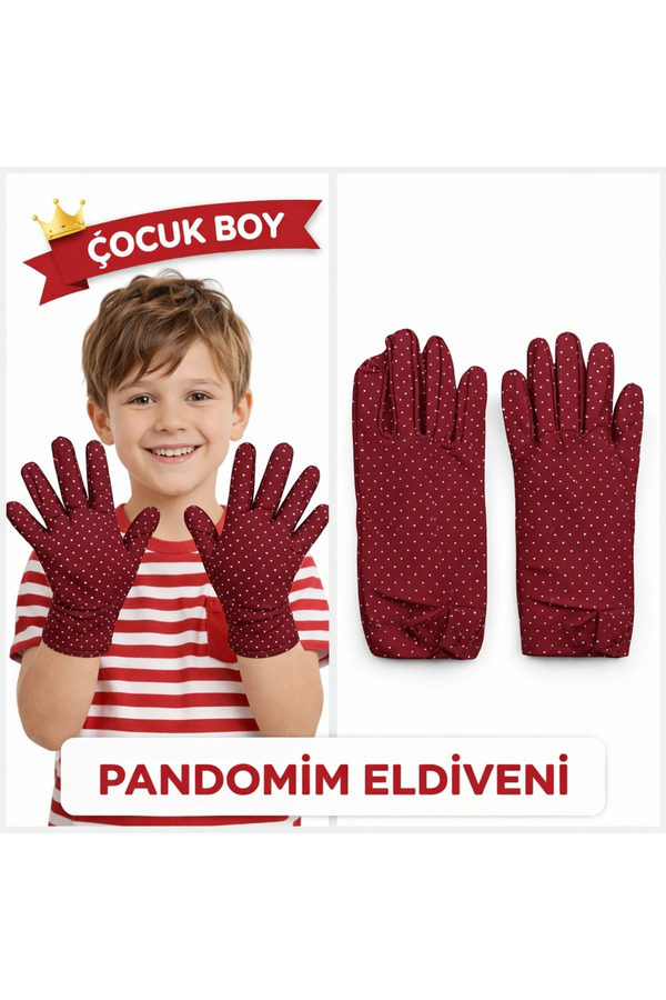 Evimdeyokyok Çocuk Boy Pandomim Eldiveni Beyaz Puantiyeli Bordo Renk Gösteri Eldiveni 23 Nisan 19 Mayıs