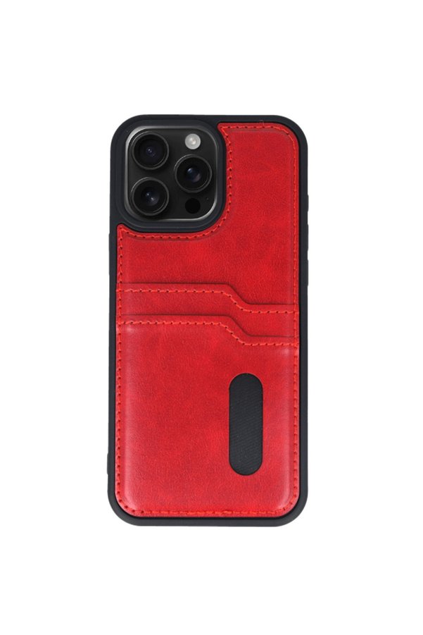 Evi̇mdeyokyok Apple İphone 14 Pro Max Kılıf Sara Kartvi̇zi̇tli̇ Deri̇ Kılıf - Kırmızı