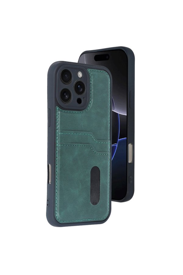 Evimdeyokyok Apple İphone 16 Pro Kılıf Sara Kartvizitli Deri Kılıf - Koyu Yeşil