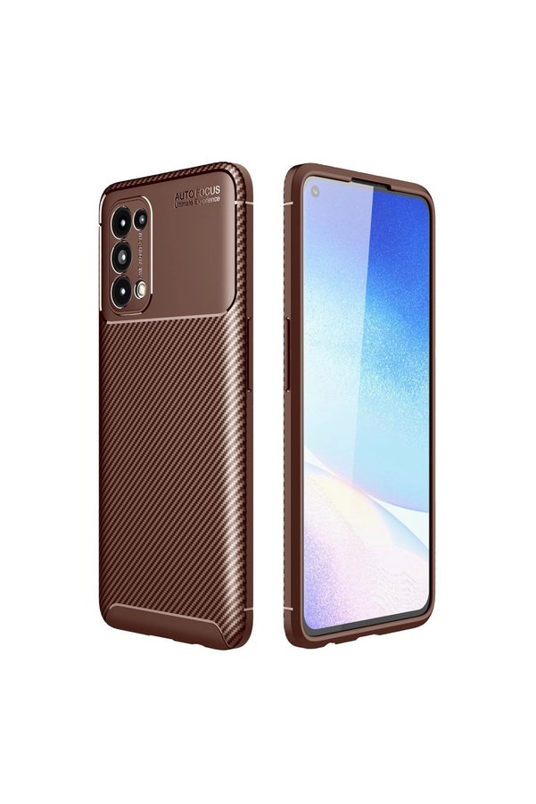 Evimdeyokyok Oppo Reno 5 Kılıf Auto Focus Karbon Kapak - Kahverengi