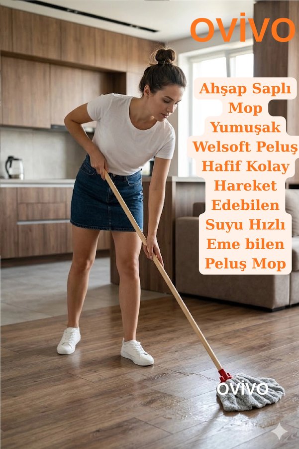 Color Ovivo Welsoft Peluş Mop Havlu Paspas Mop Yedek Ucu Ve Ahşap Sapı