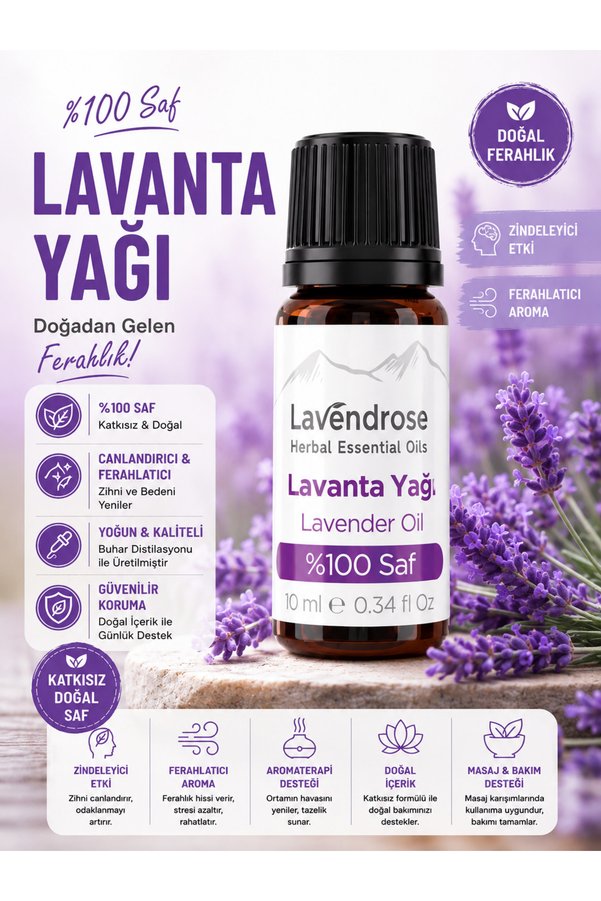 Lavendrose Lavanta Yağı %100 Saf - Bitkisel Aromaterapi Lavanta Uyku Ve Stres Yağı 10Ml - Uçucu Yağ