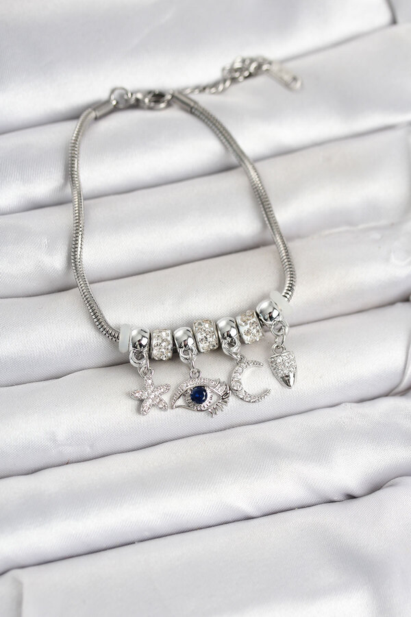 Tj Pirinç Gümüş Renk Göz Detaylı Charmlı Kadın Bileklik Tj-Bb8459