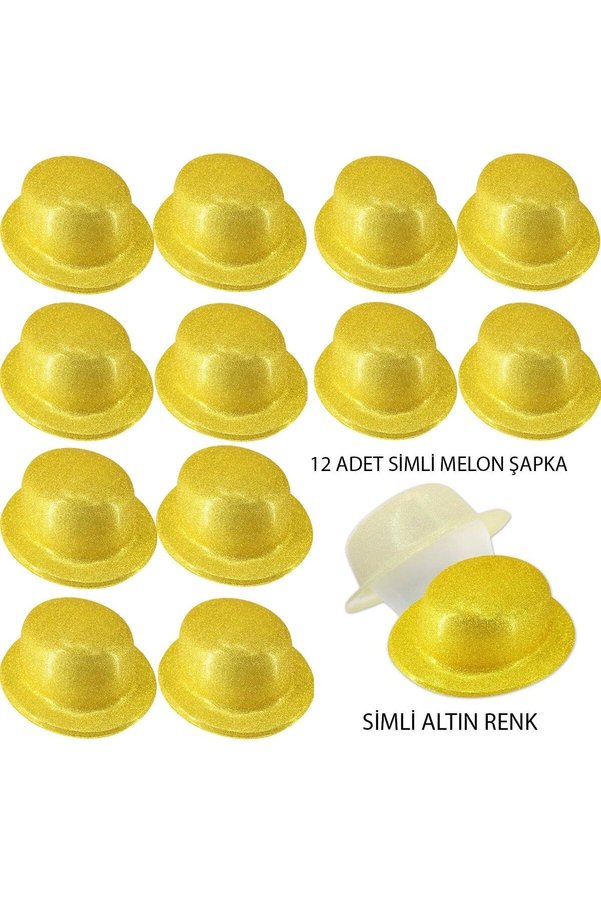 Ethab Ticaret Glb-Stl41414 Altın Renk Simli Melon Yuvarlak Parti Şapkası 12 Adet