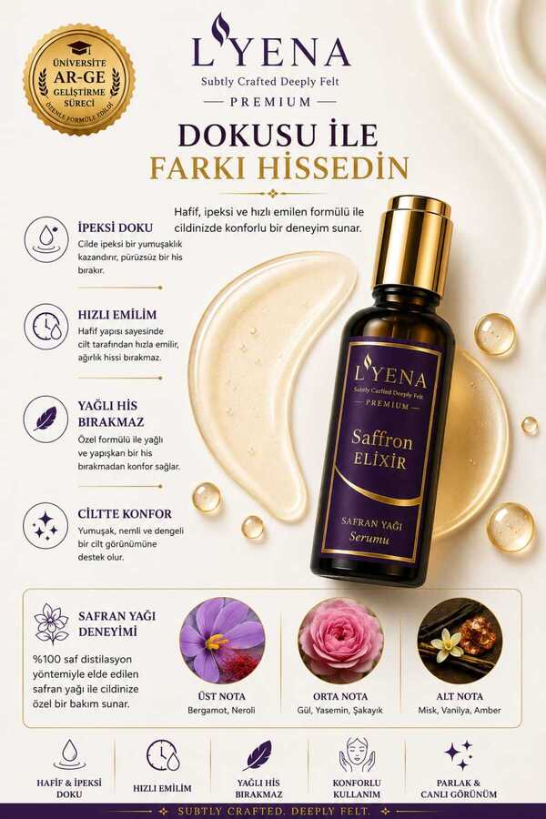Lyena Premium Saffron Elixir Safran Yağı Cilt Bakım Serumu 50 Ml – Canlı Ve Parlak Görünüm Destekleyici Serum