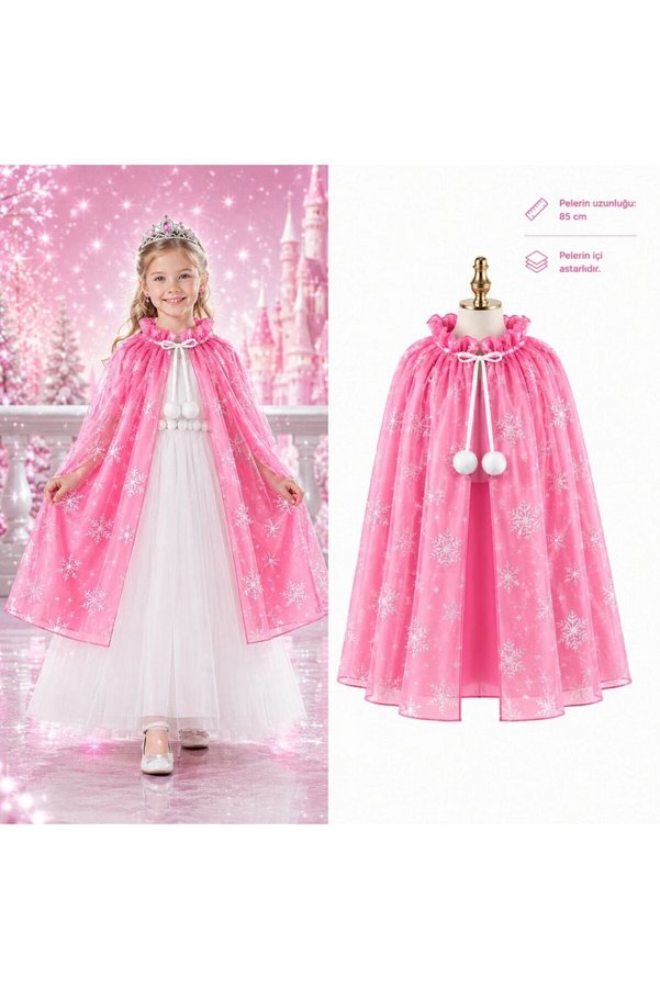 Ethab Ticaret Glb-Stl41414 Kar Tanesi Desenli Pembe Elsa Pelerini - Astarlı Frozen Pelerini 85 Cm