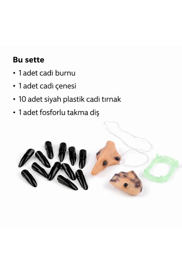 Ethab Ticaret Glb-Stl41414 Cadı Aksesuar Seti – Burun, Çene, Fosforlu Diş Ve 10 Adet Siyah Tırnak