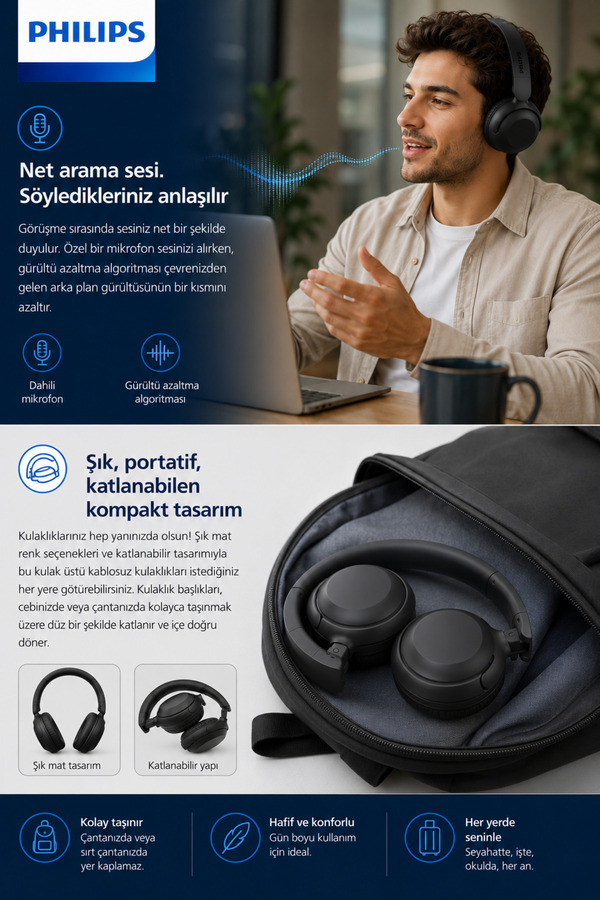 Philips Tah2209Bk/00 Bluetooth Kulak Üstü Kablosuz Kulaklık, 25 Saat Pil, Bluetooth 5.4, Siyah