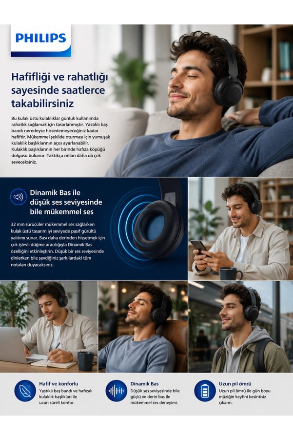 Philips Tah2209Bk/00 Bluetooth Kulak Üstü Kablosuz Kulaklık, 25 Saat Pil, Bluetooth 5.4, Siyah