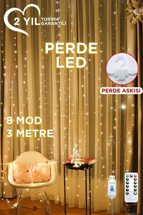 Ethab Ticaret Glb-Stl41414 Lw-7 300 Ledli 10 Sarkıt Perde Led Işık, 8 Modlu Uzaktan Kumandalı, 3X3 Metre Peri Tell
