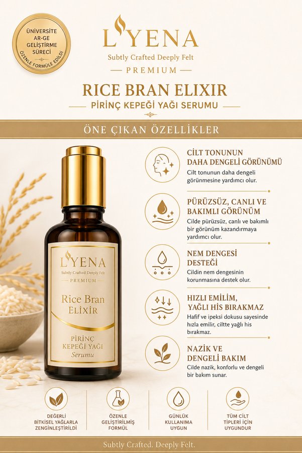Lyena Premium Rice Bran Elixir Pirinç Kepeği Yağı Cilt Bakım Serumu 50 Ml – Pürüzsüz Ve Dengeli Görünüm Destekleyici Serum